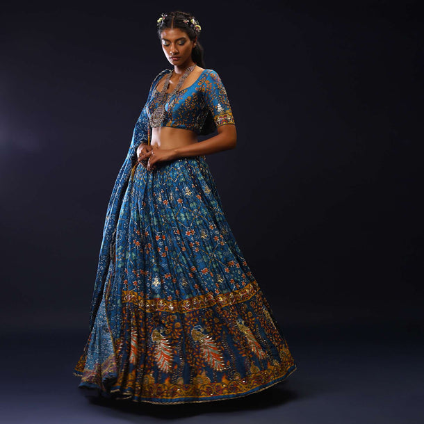 Cobalt Blue Lehenga Choli With Patola Print And Bird Motifs On The Border