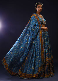 Cobalt Blue Lehenga Choli With Patola Print And Bird Motifs On The Border