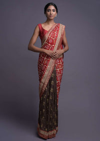 Coffee Brown And Red Half And Half Saree With Weaved Buttis And Bandhani Print Online - Kalki Fashion