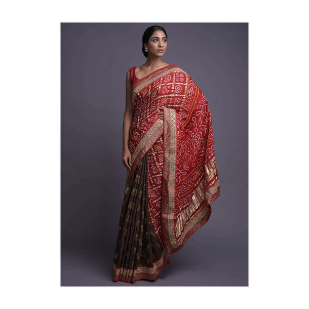 Coffee Brown And Red Half And Half Saree With Weaved Buttis And Bandhani Print Online - Kalki Fashion