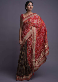 Coffee Brown And Red Half And Half Saree With Weaved Buttis And Bandhani Print Online - Kalki Fashion