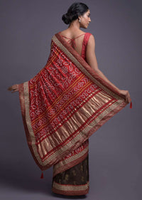 Coffee Brown And Red Half And Half Saree With Weaved Buttis And Bandhani Print Online - Kalki Fashion