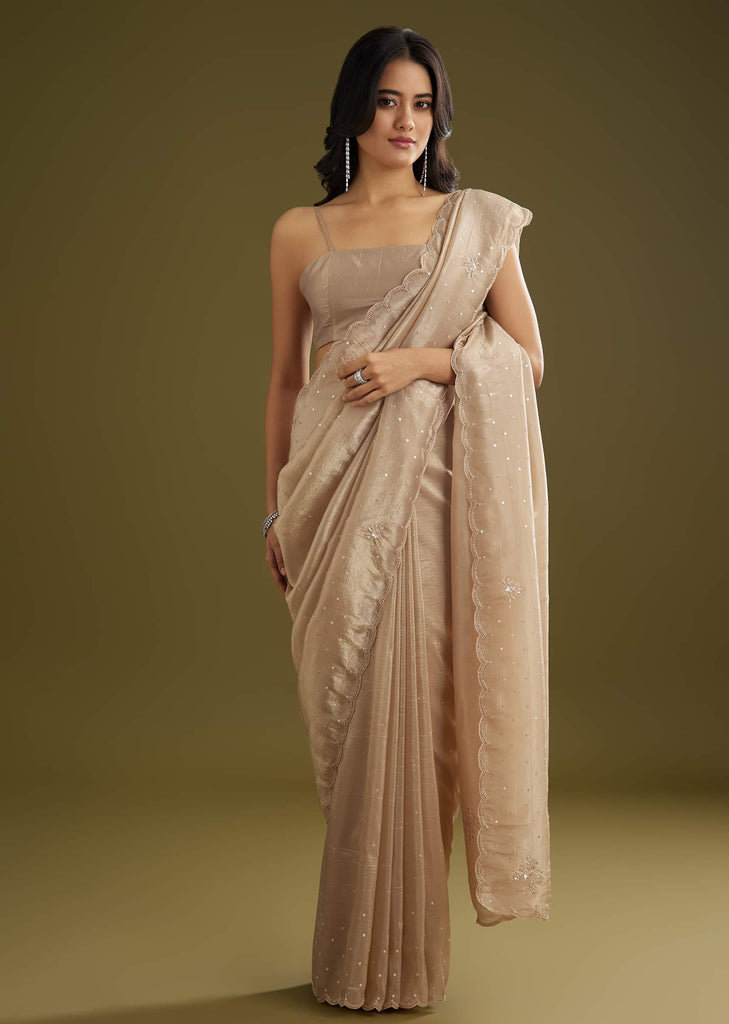 Coffee Brown Crushed Tissue Saree With Embroidered Scallop Border