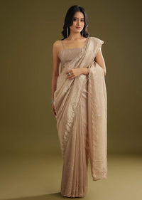 Coffee Brown Crushed Tissue Saree With Embroidered Scallop Border