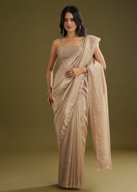 Coffee Brown Crushed Tissue Saree With Embroidered Scallop Border
