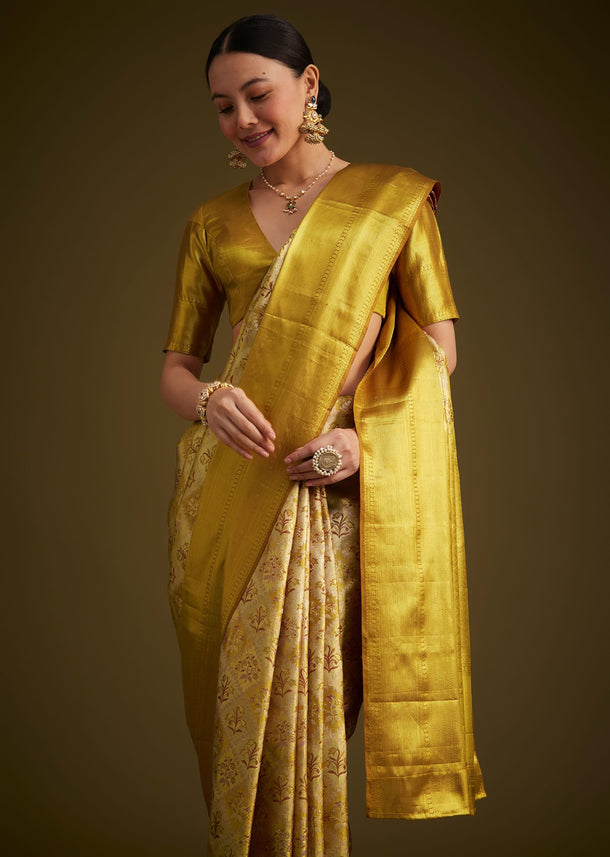 Coffee Beige Kanjivaram Silk Saree With Golden Zari Border