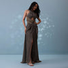 Coffee Brown Pleated Indowestern Ready-To-Wear Saree Gown In Sequins Lycra