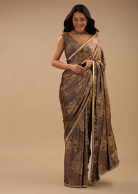 Coffee Brown Satin Saree With Floral Print And Blouse With Stone Work