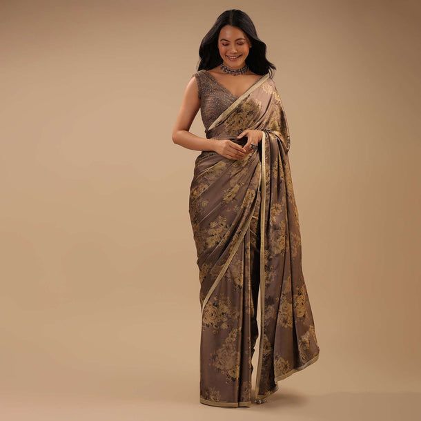 Coffee Brown Satin Saree With Floral Print And Blouse With Stone Work