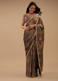 Coffee Brown Satin Saree With Floral Print And Blouse With Stone Work