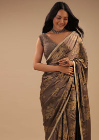 Coffee Brown Satin Saree With Floral Print And Blouse With Stone Work