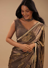 Coffee Brown Satin Saree With Floral Print And Blouse With Stone Work