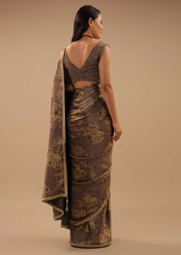 Coffee Brown Satin Saree With Floral Print And Blouse With Stone Work