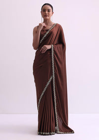 Coffee Brown Satin Saree With Salli Work And Unstitched Blouse Fabric