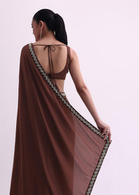 Coffee Brown Satin Saree With Salli Work And Unstitched Blouse Fabric