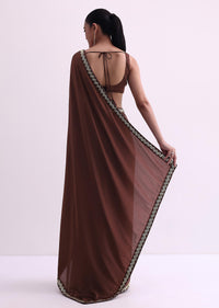 Coffee Brown Satin Saree With Salli Work And Unstitched Blouse Fabric