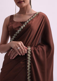 Coffee Brown Satin Saree With Salli Work And Unstitched Blouse Fabric
