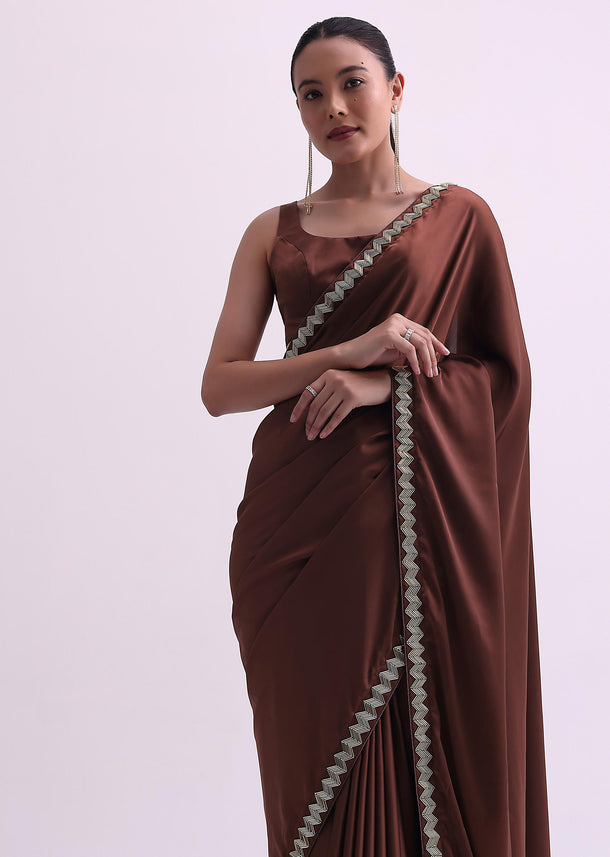 Coffee Brown Satin Saree With Salli Work And Unstitched Blouse Fabric