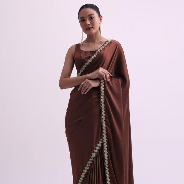 Coffee Brown Satin Saree With Salli Work And Unstitched Blouse Fabric