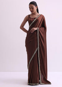 Coffee Brown Satin Saree With Salli Work And Unstitched Blouse Fabric