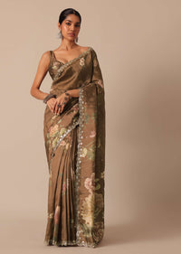 Coffee Brown Tussar Saree With Mirror Border And Unstitched Blouse Piece