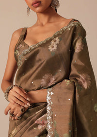 Coffee Brown Tussar Saree With Mirror Border And Unstitched Blouse Piece