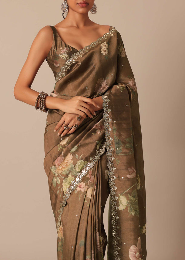 Coffee Brown Tussar Saree With Mirror Border And Unstitched Blouse Piece