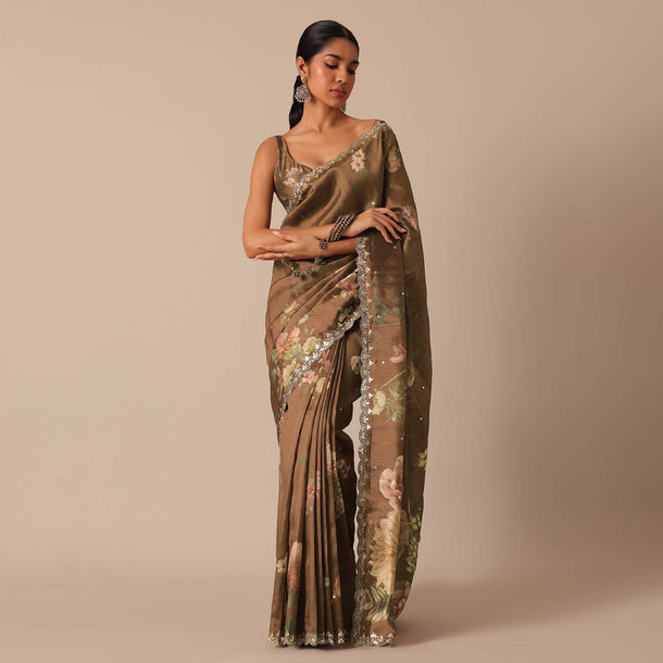 Coffee Brown Tussar Saree With Mirror Border And Unstitched Blouse Piece