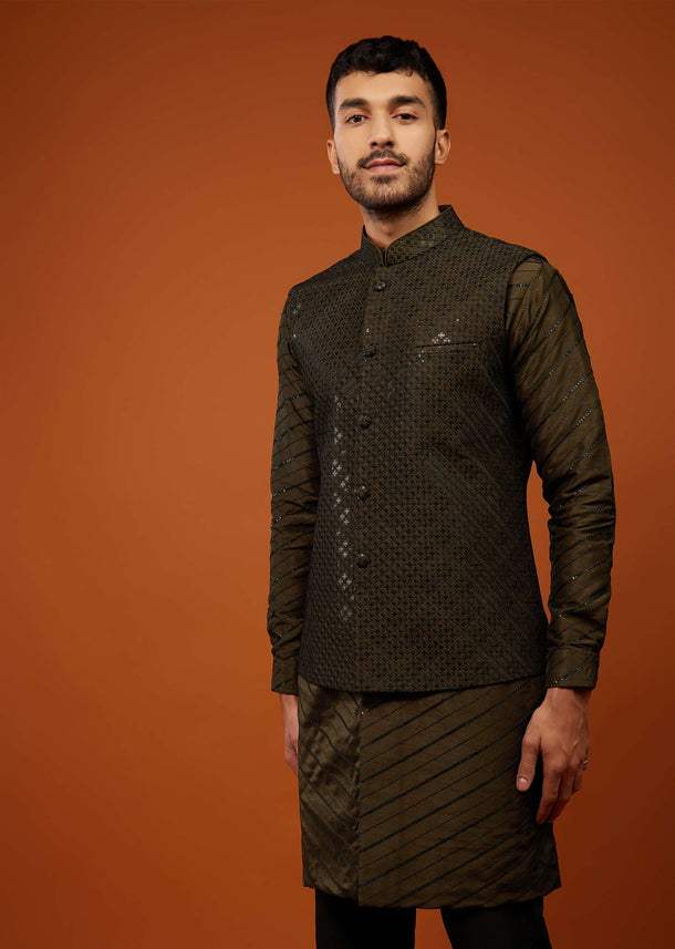 Dark Brown Embroidered Bandi Jacket Set In Cotton Silk