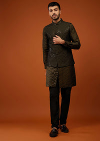 Dark Brown Embroidered Bandi Jacket Set In Cotton Silk