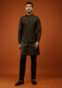 Dark Brown Embroidered Bandi Jacket Set In Cotton Silk