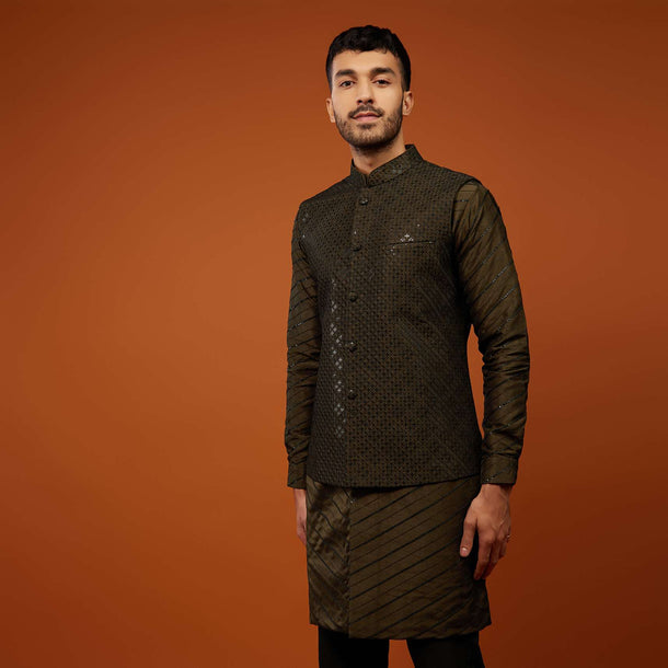 Dark Brown Embroidered Bandi Jacket Set In Cotton Silk