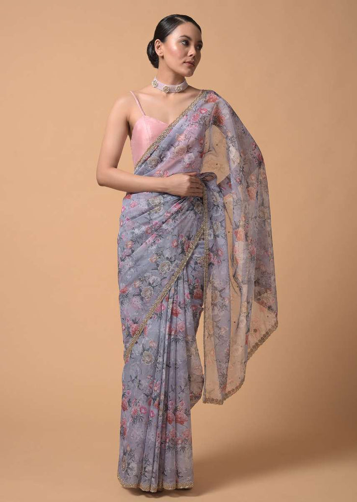 Coin Grey Saree In Organza With Floral Print And Moti Accents Online - Kalki Fashion