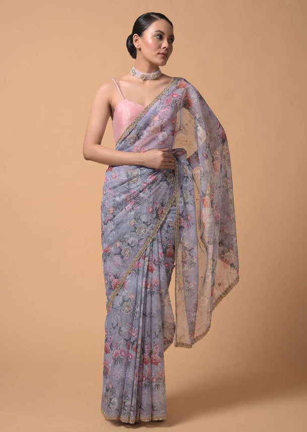 Coin Grey Saree In Organza With Floral Print And Moti Accents Online - Kalki Fashion