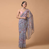 Coin Grey Saree In Organza With Floral Print And Moti Accents Online - Kalki Fashion