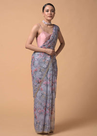 Coin Grey Saree In Organza With Floral Print And Moti Accents Online - Kalki Fashion