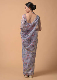 Coin Grey Saree In Organza With Floral Print And Moti Accents Online - Kalki Fashion