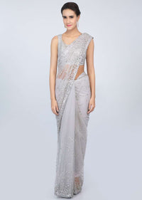 Coin grey sheer net saree with sequins embroidered butti and border only on kalki