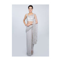 Coin grey sheer net saree with sequins embroidered butti and border only on kalki