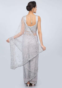 Coin grey sheer net saree with sequins embroidered butti and border only on kalki