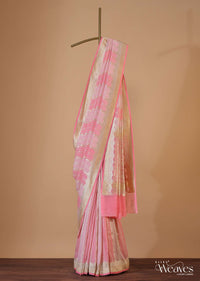 Rose Pink Georgette Khaddi Work And Zari Weave Saree With An Unstitched Blouse