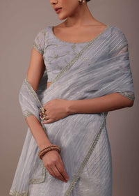 Cool Grey Organza Saree With Zari And Cut Dana Work