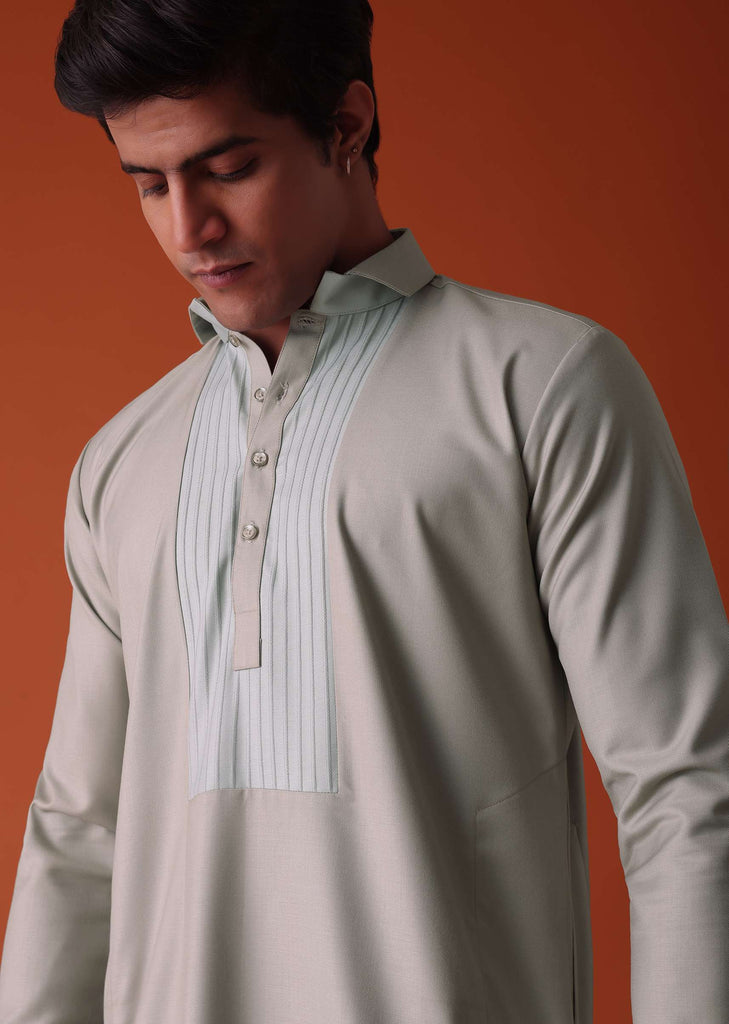 Cool Grey Pathani Kurta Set in Terry Rayon With Yoke Detailing