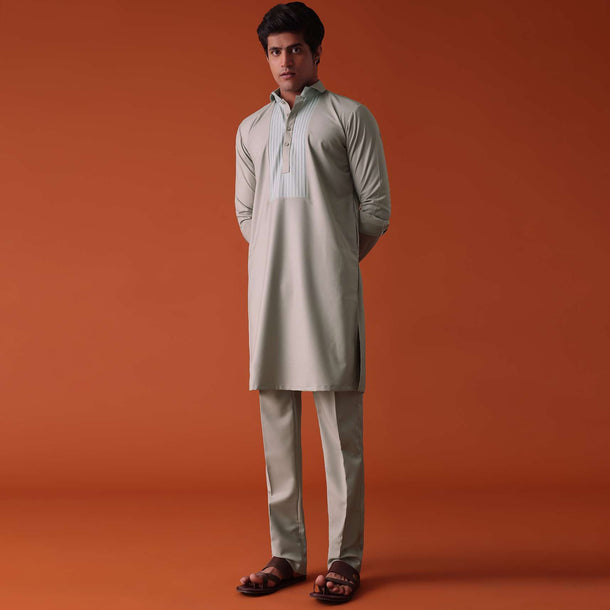 Cool Grey Pathani Kurta Set in Terry Rayon With Yoke Detailing