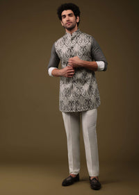 Cool Grey Paisley Block Printed Short Kurta Jacket Set in Silk