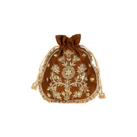 Copper brown raw silk potli bag in zardosi and sequins butti kalki