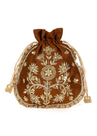 Copper brown raw silk potli bag in zardosi and sequins butti kalki