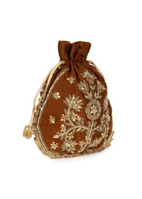 Copper brown raw silk potli bag in zardosi and sequins butti kalki