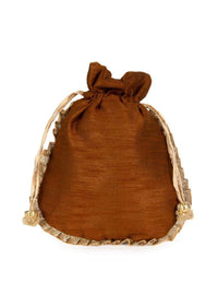 Copper brown raw silk potli bag in zardosi and sequins butti kalki