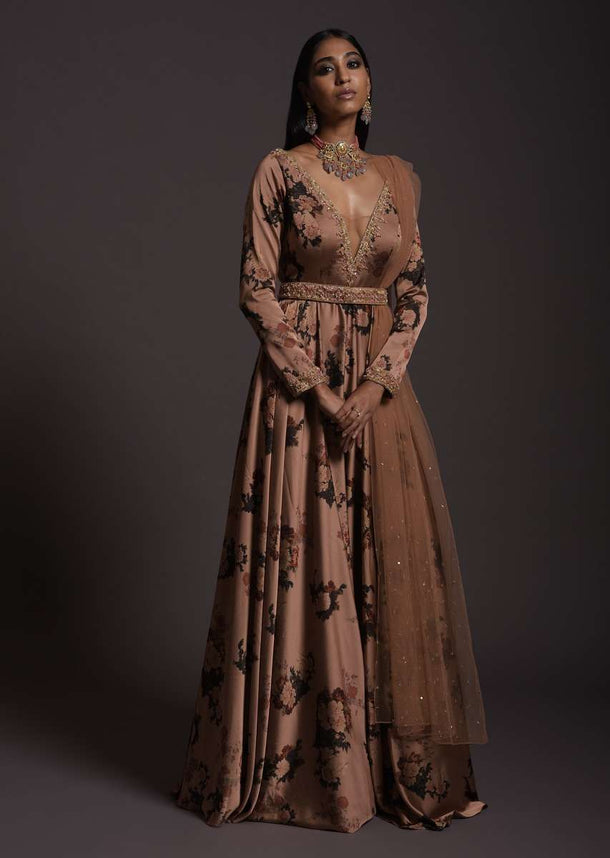 Copper Peach Anarkali Suit In Milano With Floral Print, Plunging Neckline And An Embellished Belt